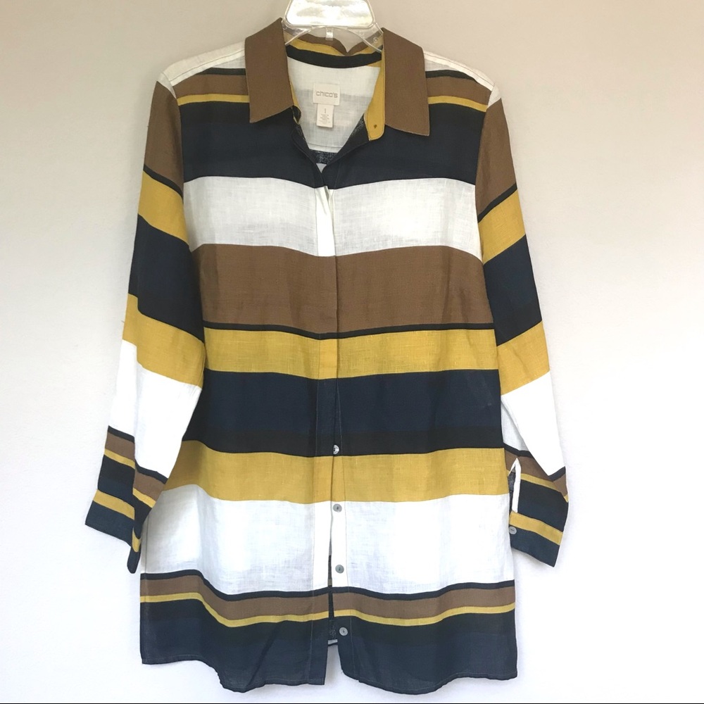 Chico’s Linen Striped Tunic With Tab Sleeves M